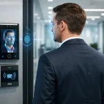 سیستم کنترل تردد سازمانی با گیت شیشهای و دستگاه تشخیص چهره در ورودی شرکت