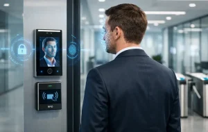 سیستم کنترل تردد سازمانی با گیت شیشه‌ای و دستگاه تشخیص چهره در ورودی شرکت