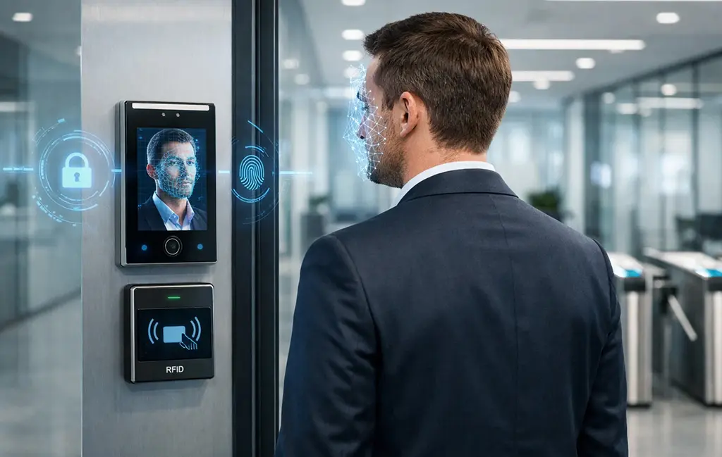 سیستم کنترل تردد سازمانی با گیت شیشه‌ای و دستگاه تشخیص چهره در ورودی شرکت