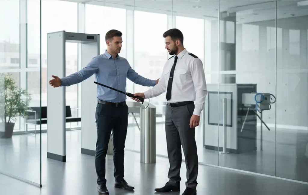 نمای نزدیک از راکت فلزیاب دستی مورد استفاده توسط نیروی حراست