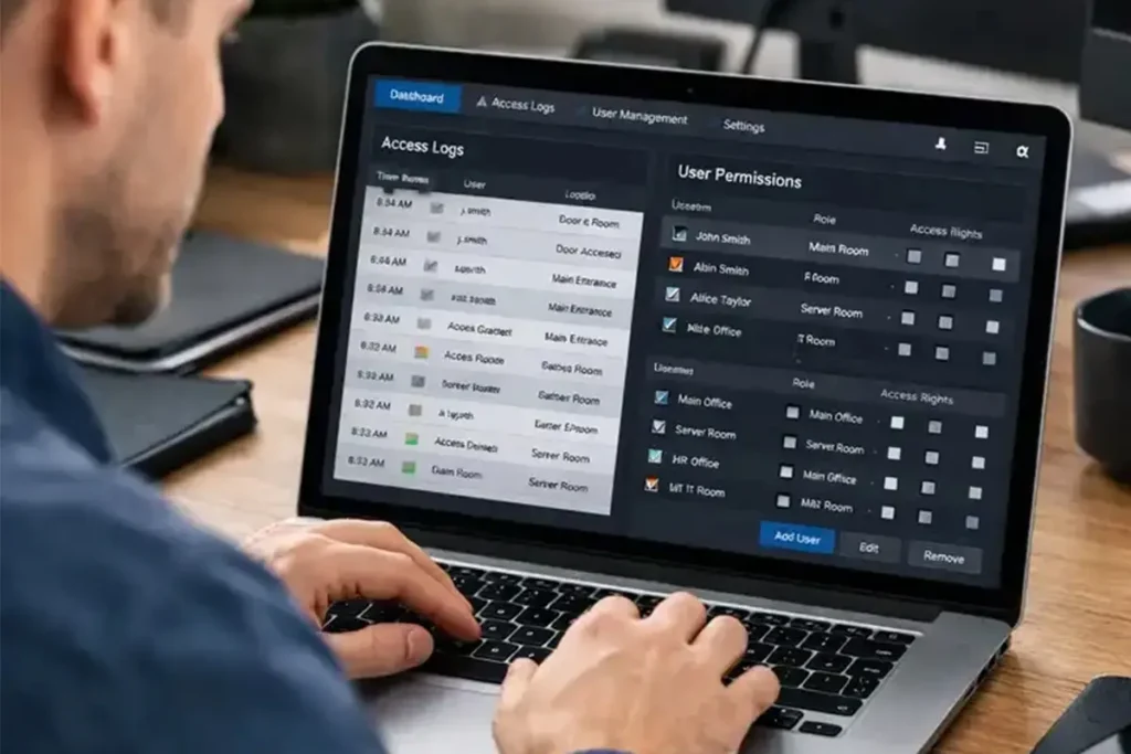 سیستم کنترل تردد در ورودی سازمان مدرن با گیت شیشه‌ای و دستگاه تشخیص چهره